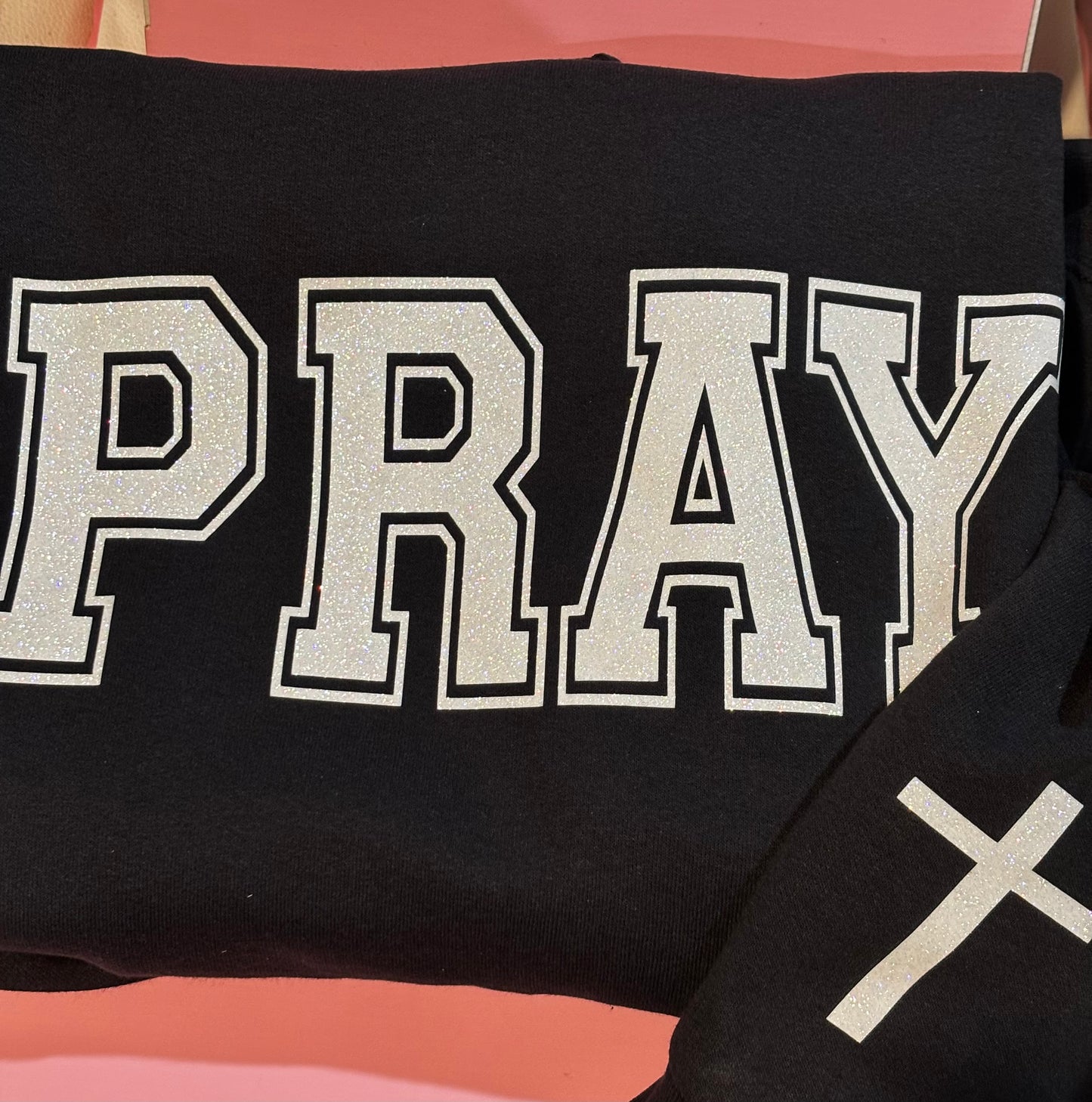 Pray glitter with cross sleeve crewneck sweatshirt