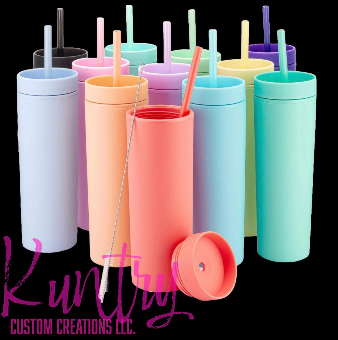 Personalized 16oz Plastic Skinny Tumbler With Lid and Straw Bulk,Insulated Double Wall BPA Free Matte Acrylic Tumblers,Iced Coffee Travel Mug Reusable Party Cup