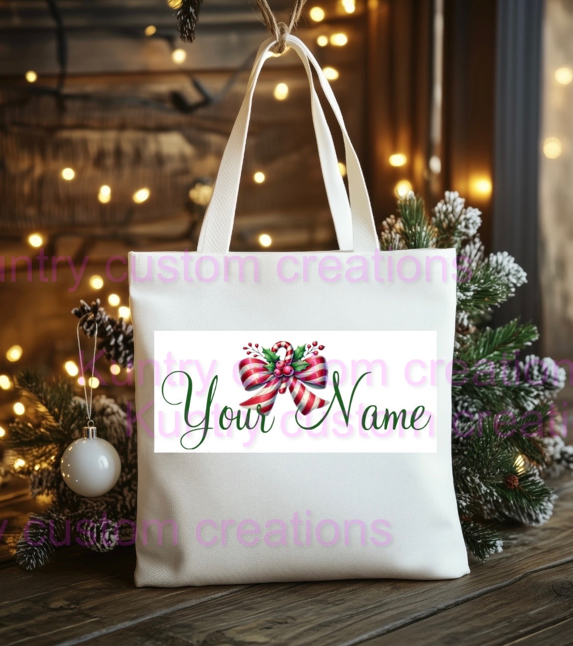 Custom Christmas name with candy-canes tote bag