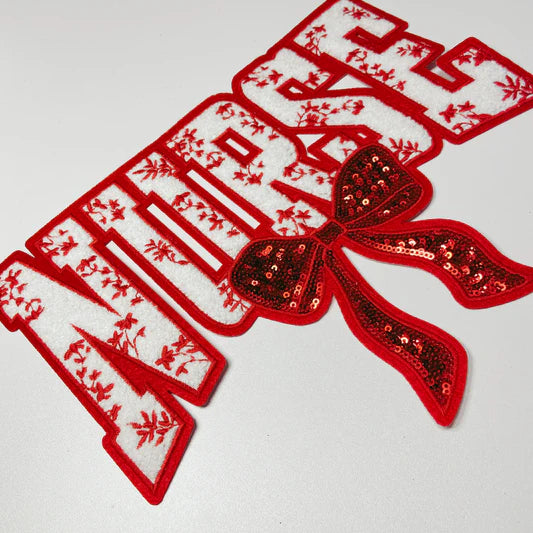 Red nurse sequins chenille iron on patch