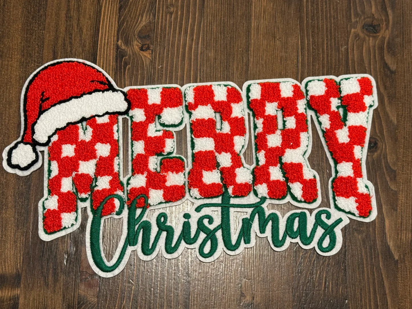 Red and white checkered merry Christmas large iron on patch