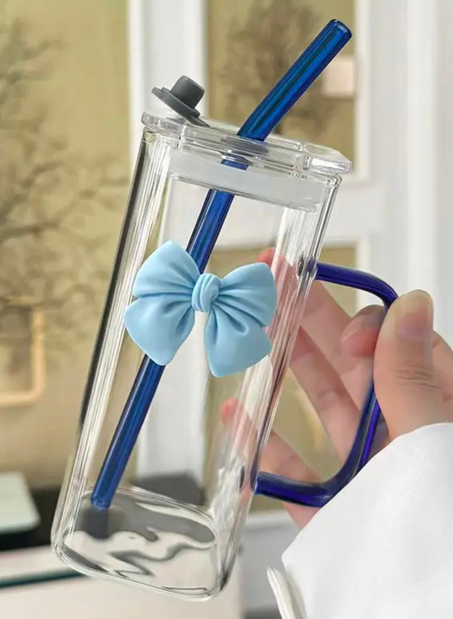 Large drinking glass with handle, lid, straw and matching bow/heart or sunflower on cup and straw