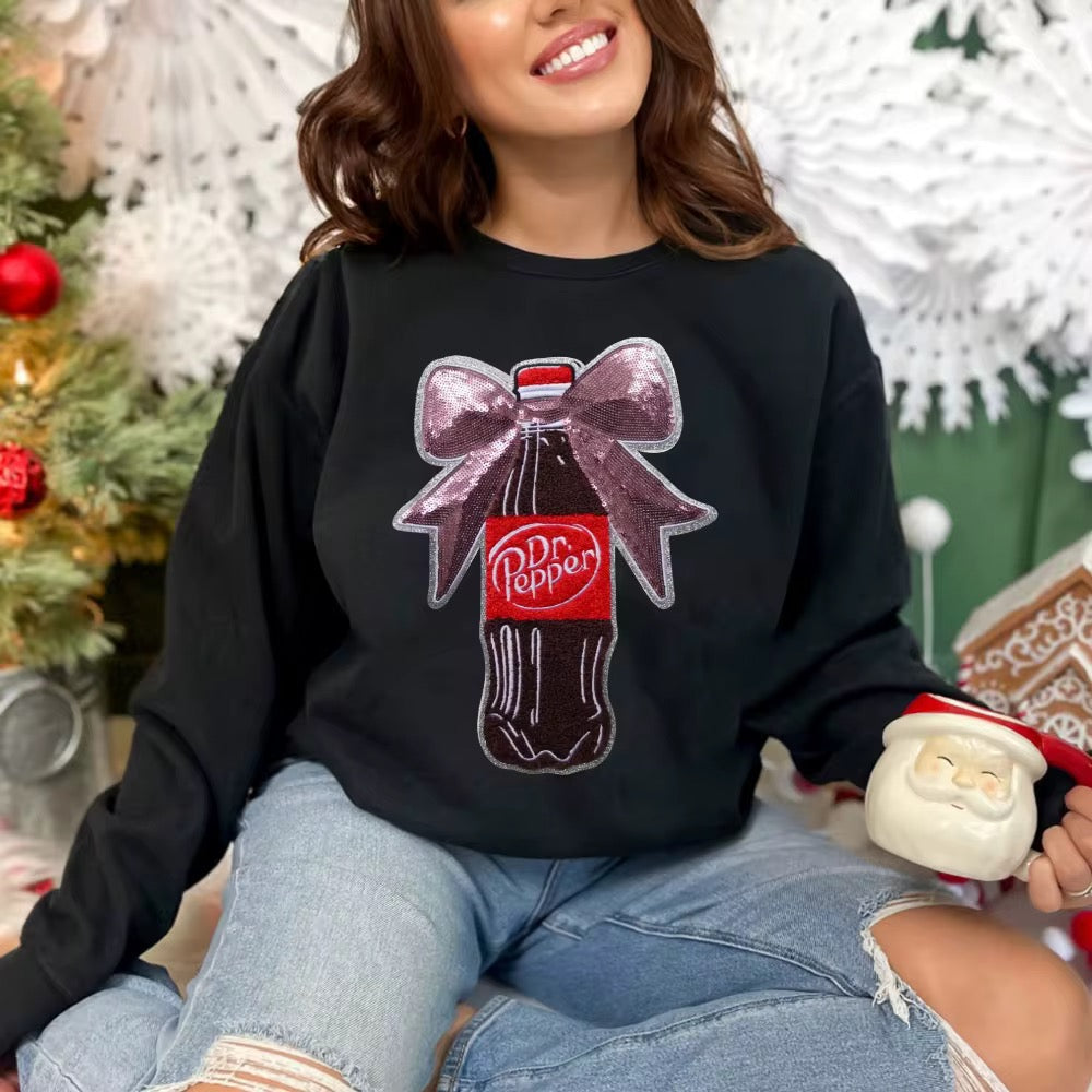 Dr Pepper with bow Sequins embroidered iron on patch