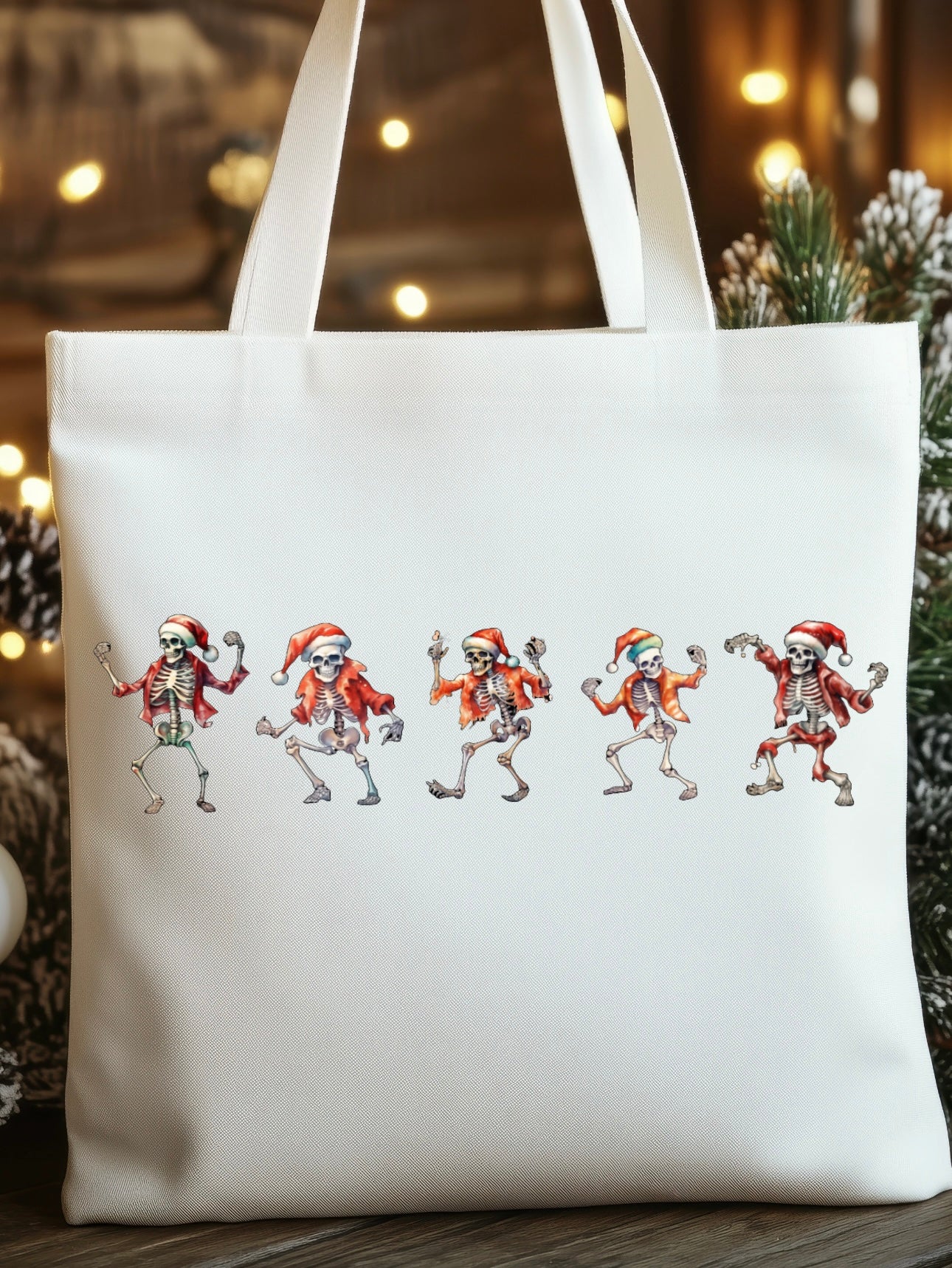 Dancing Christmas skeleton tote bag