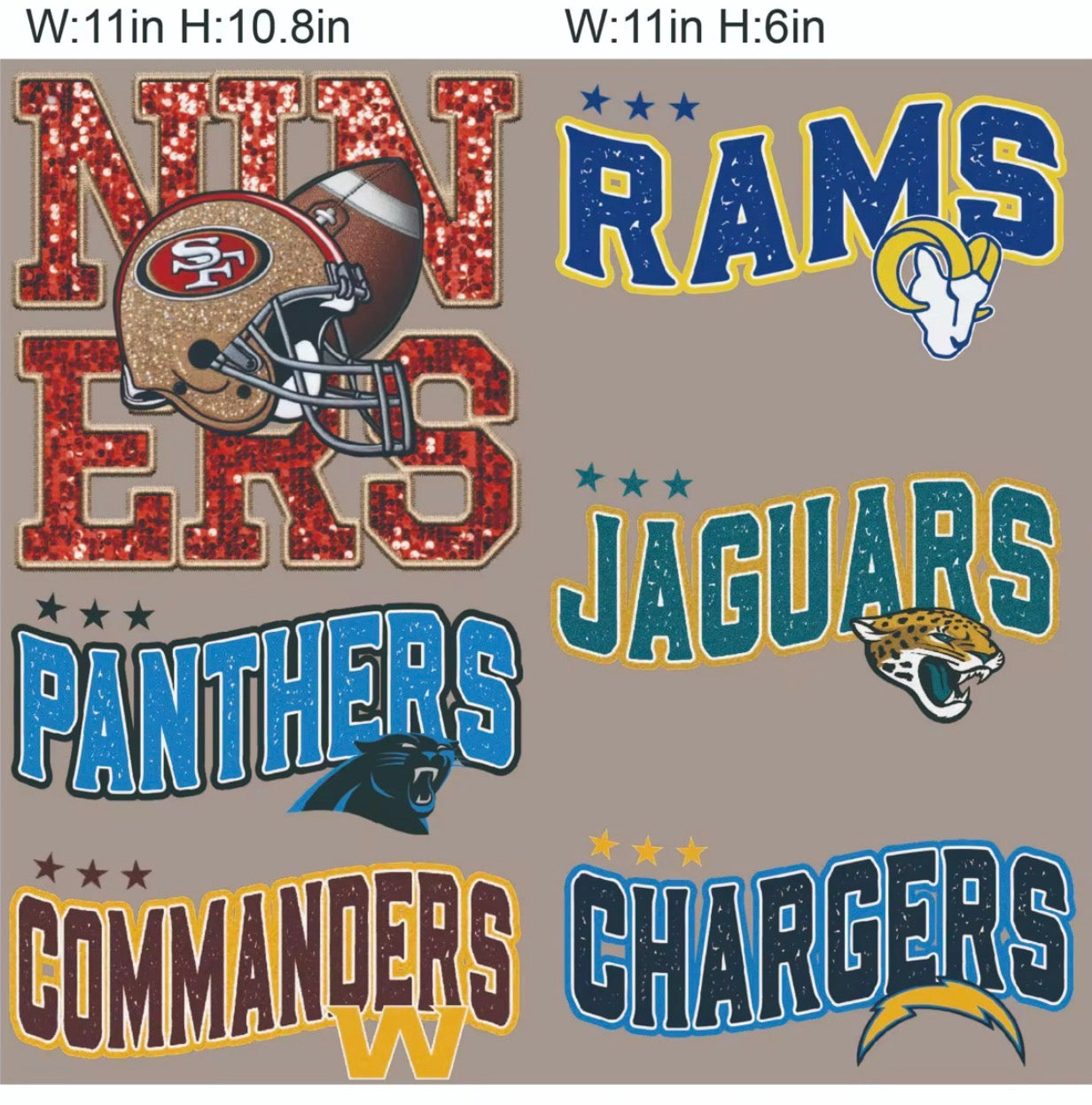 Football teams large DTF, niners, rams,panthers,jaguars,commanders,chargers