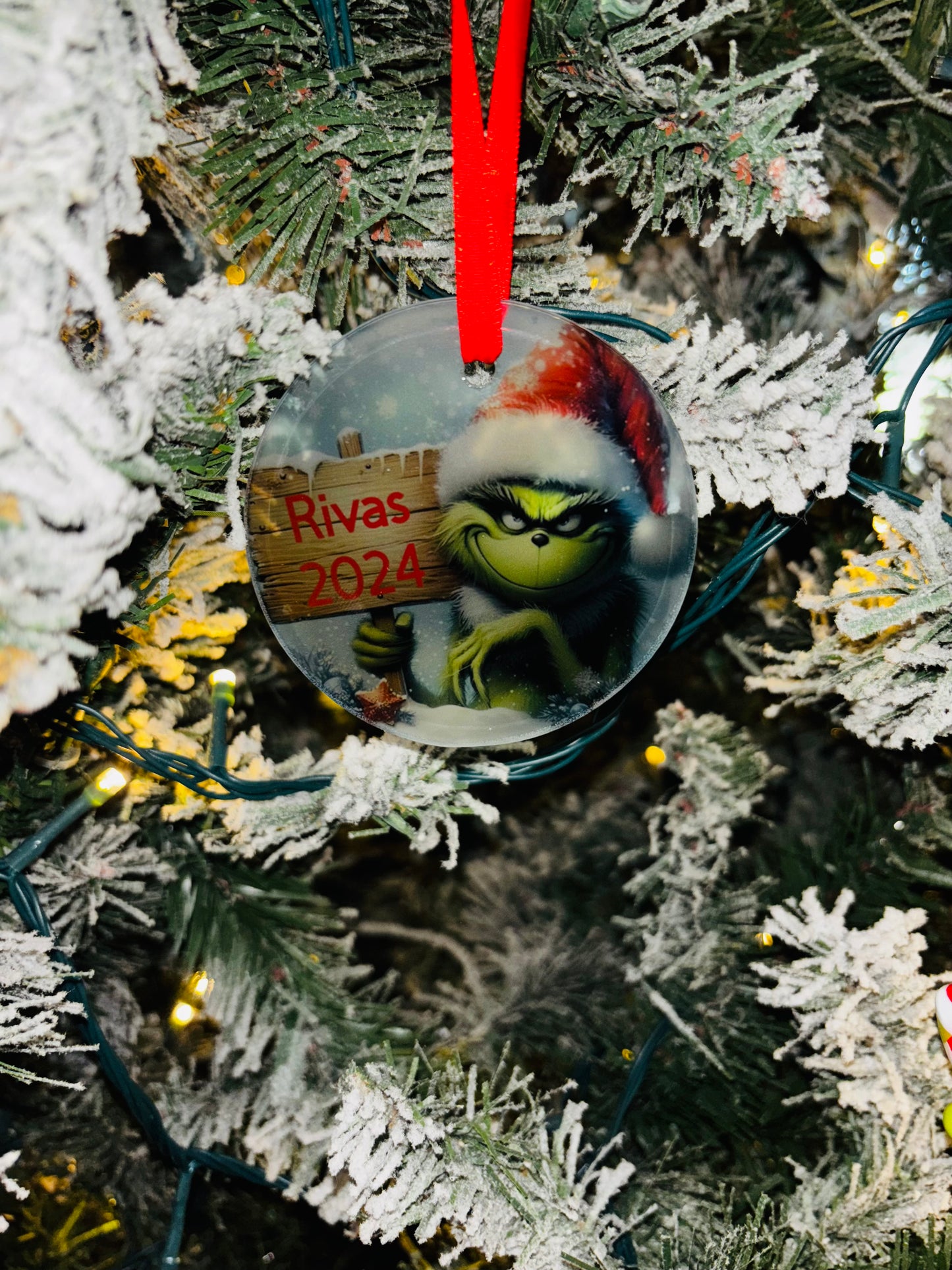 Custom grinch holding sign ornament