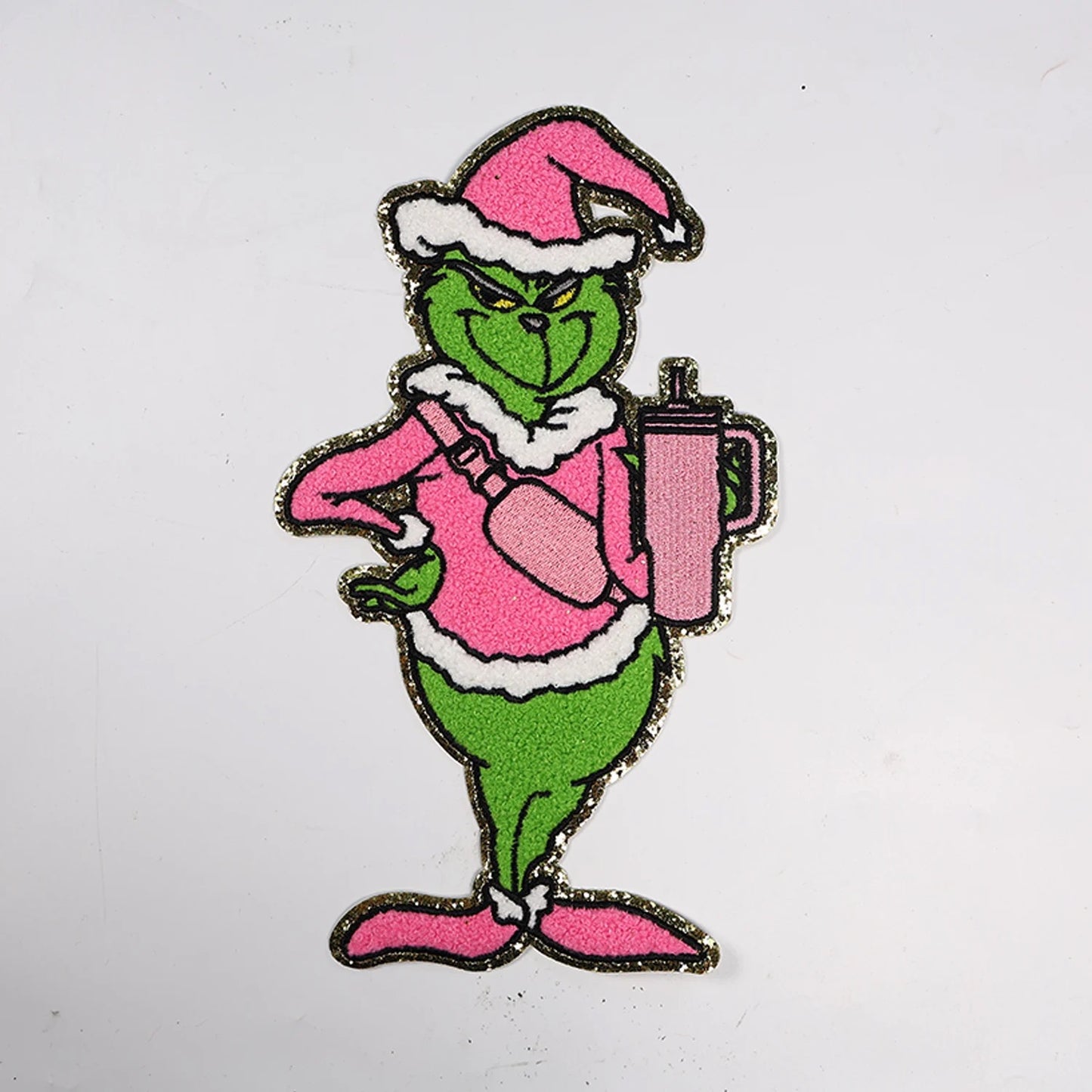 Bougie Grinch Holding Cup Chenille iron on patch