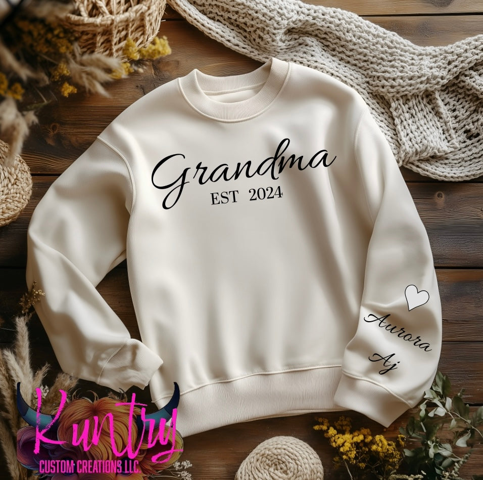 Mimi, mama, grandma or aunt crewneck sweatshirt with names on sleeves