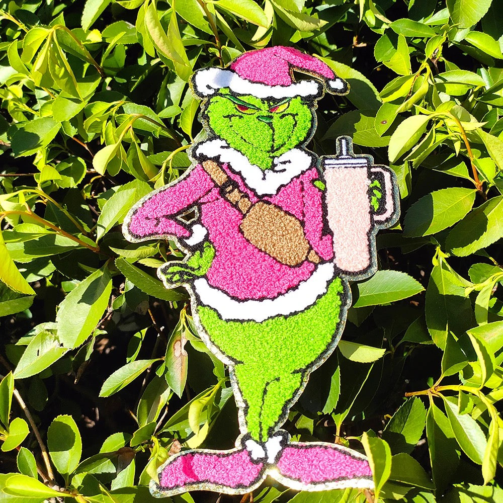 Bougie Grinch Holding Cup Chenille iron on patch