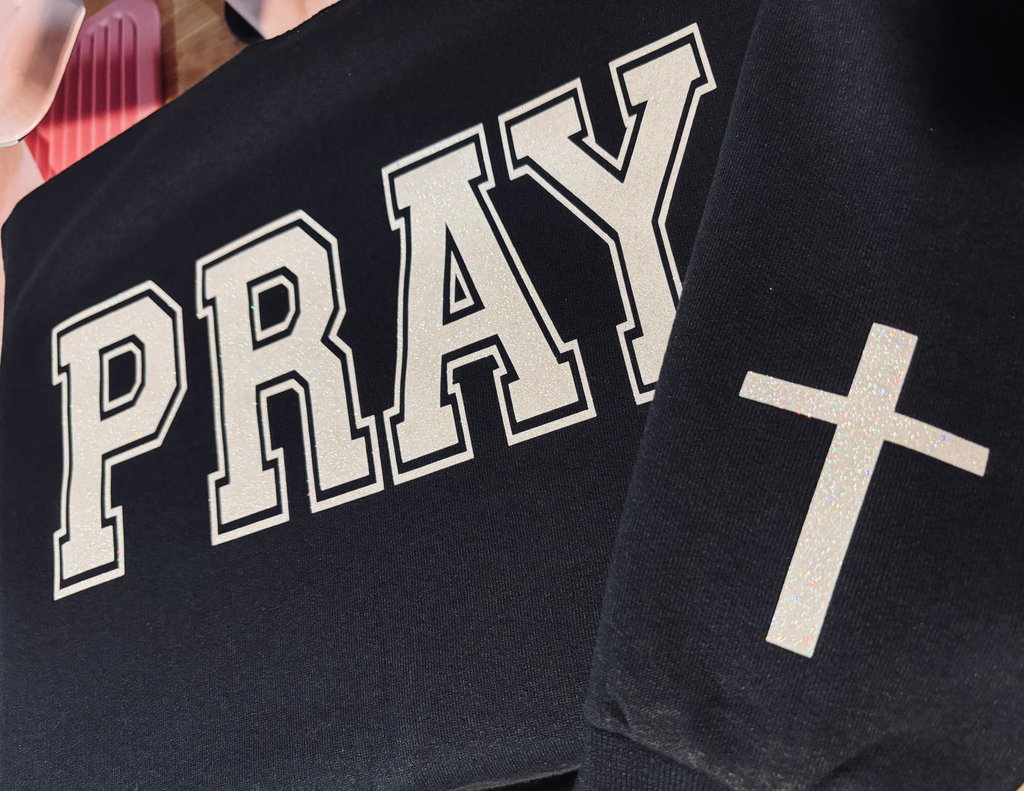 Pray glitter with cross sleeve crewneck sweatshirt