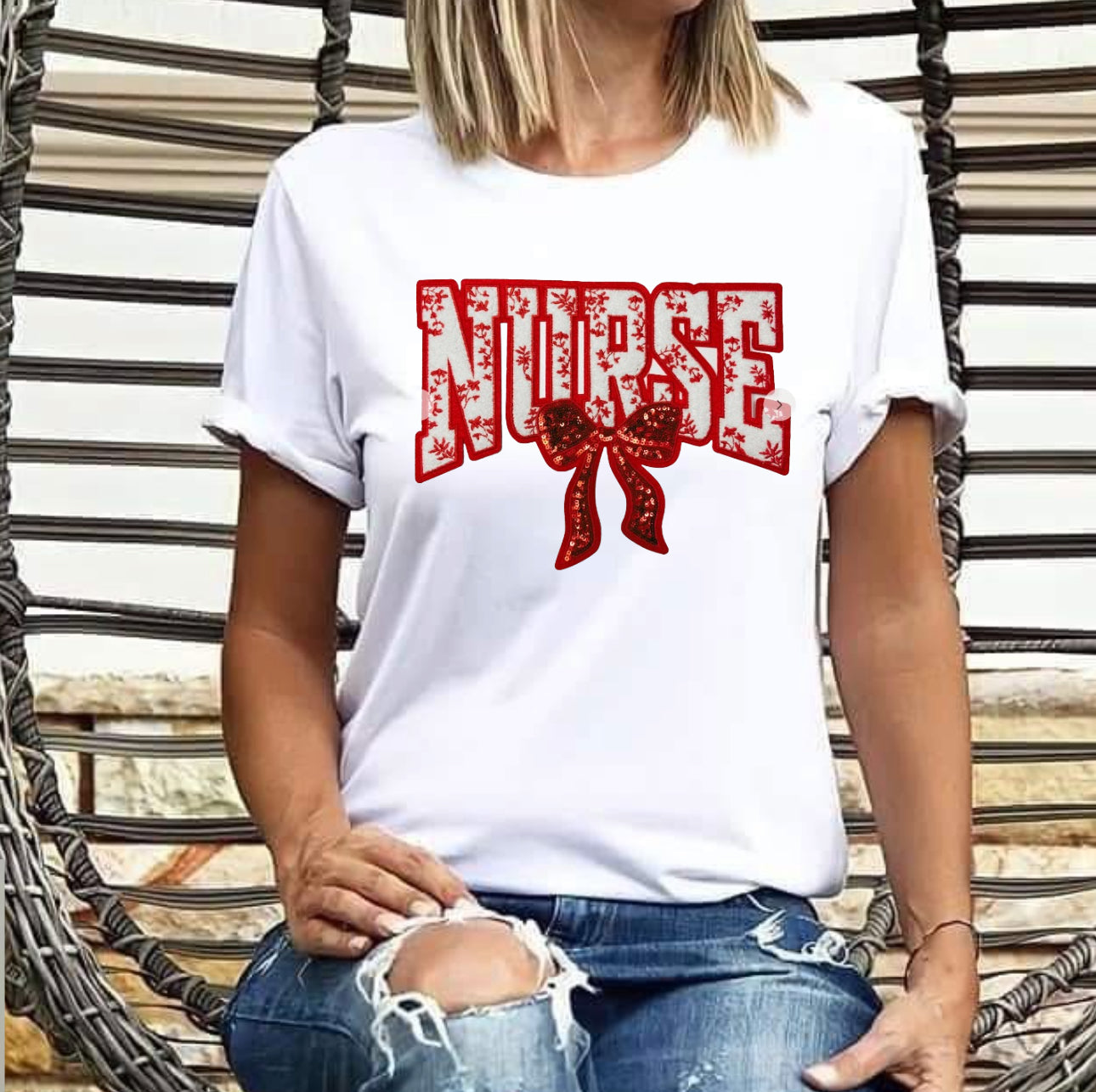Red nurse sequins and chenille tshirt