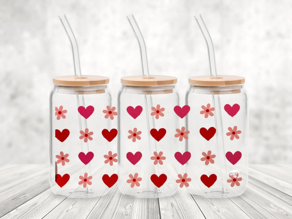 Hearts and flowers 16oz drinking glass