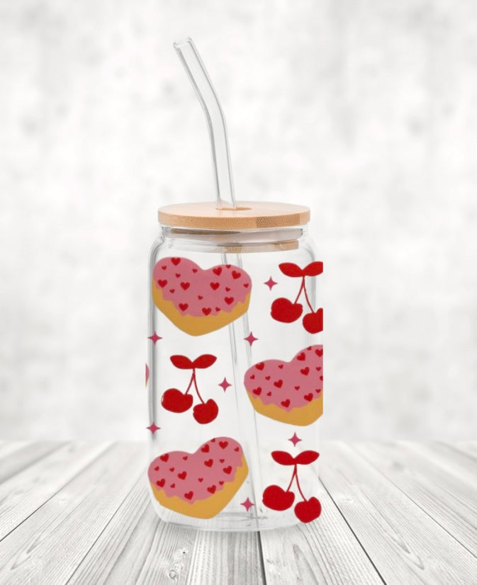 Donuts and cherries 16oz drinking glass