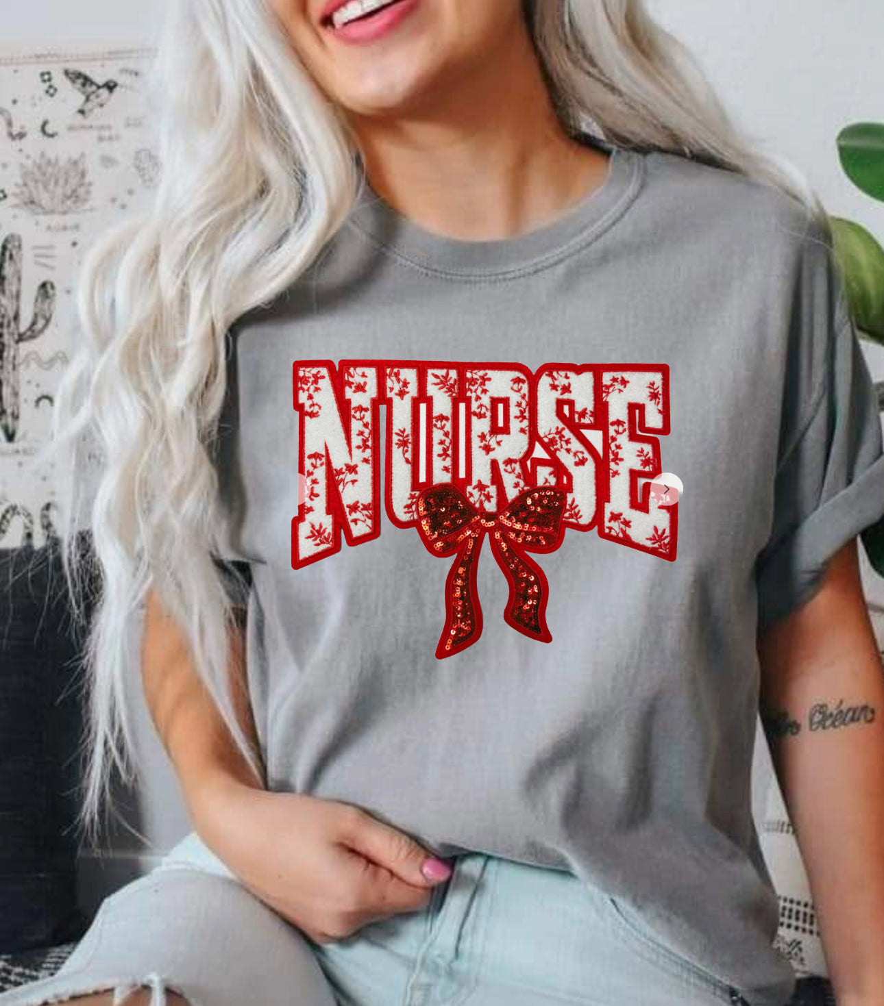 Red nurse sequins and chenille tshirt
