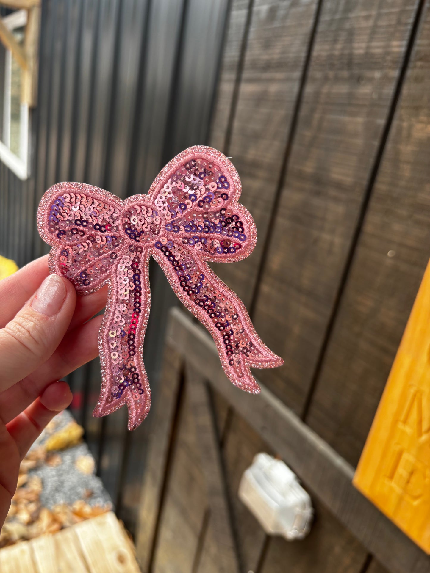 Pink bow sequins iron on patch