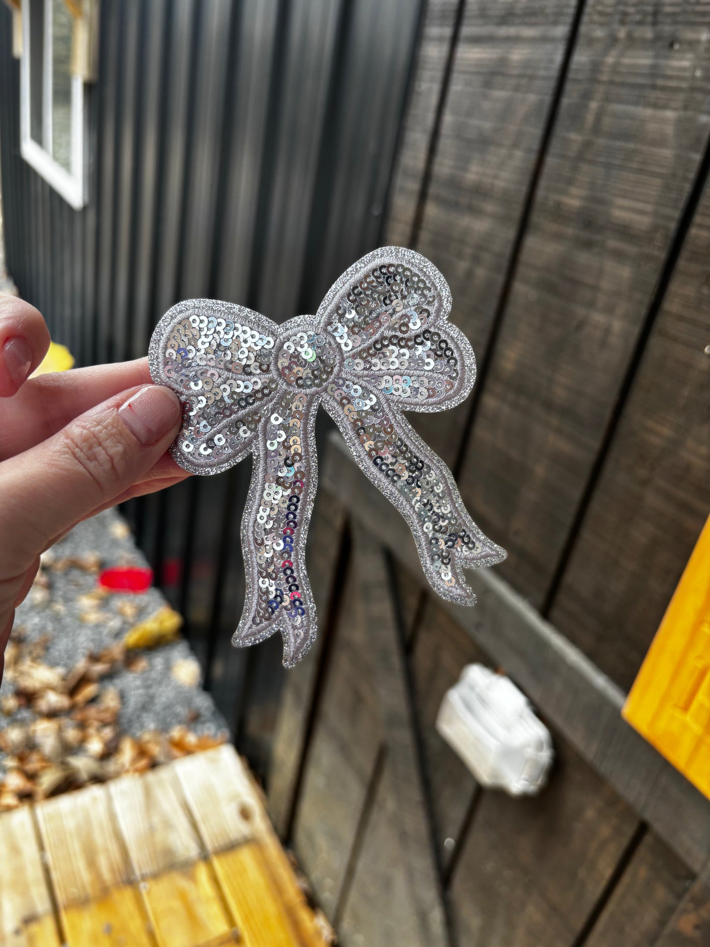 Silver bow sequins iron on patch