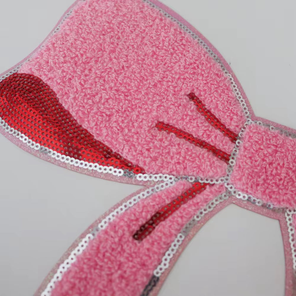 Large pink bow chenille Sequins embroidered iron on patch