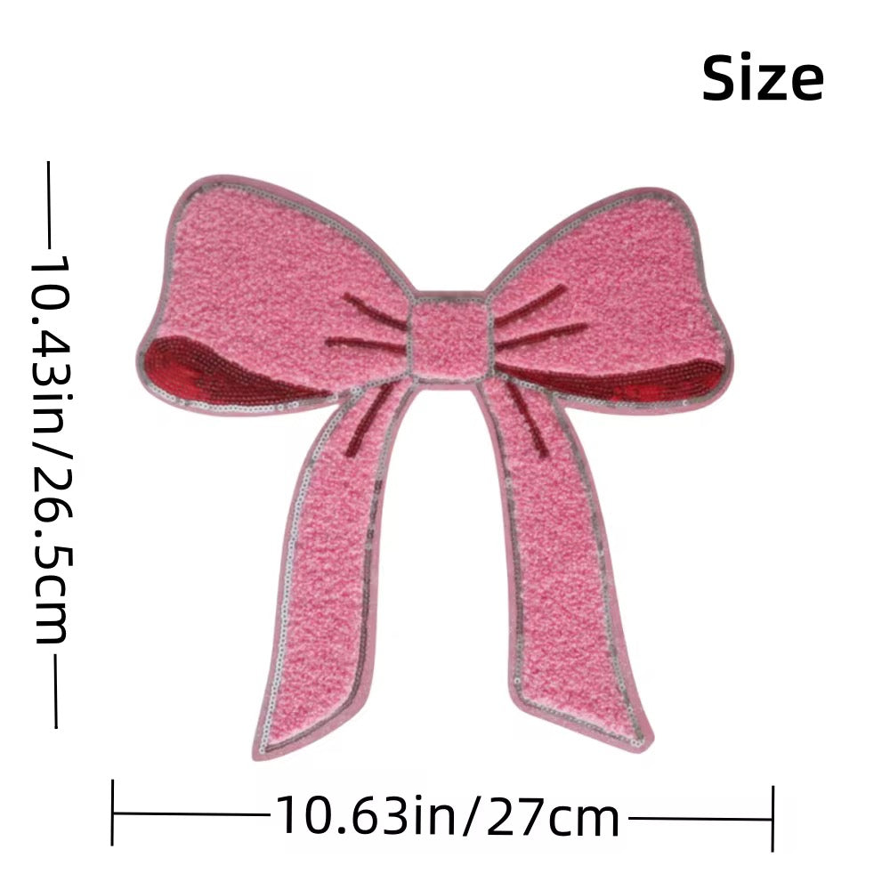 Large pink bow chenille Sequins embroidered iron on patch