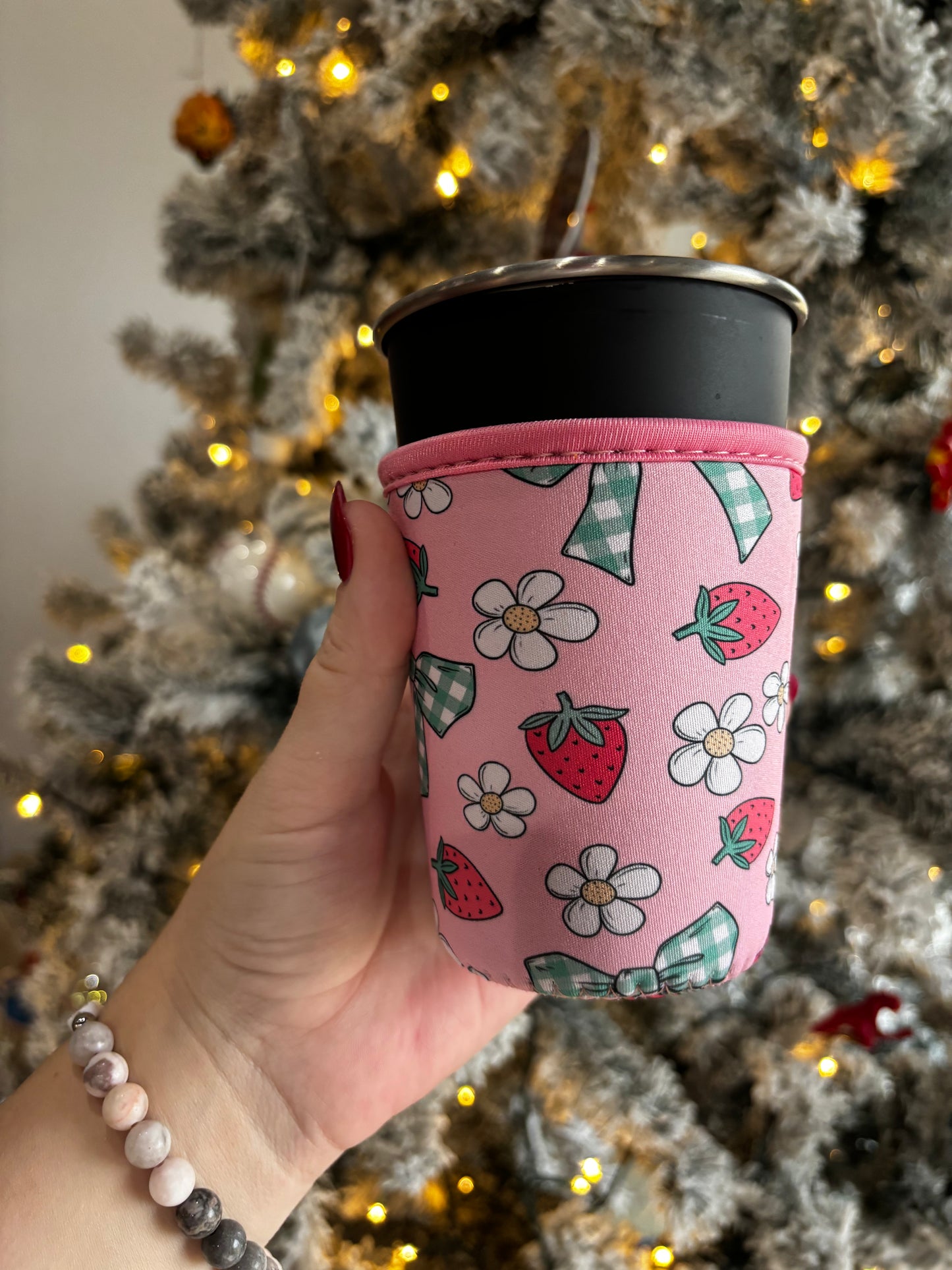 Flower strawberries and bows Reusable cup sleeve