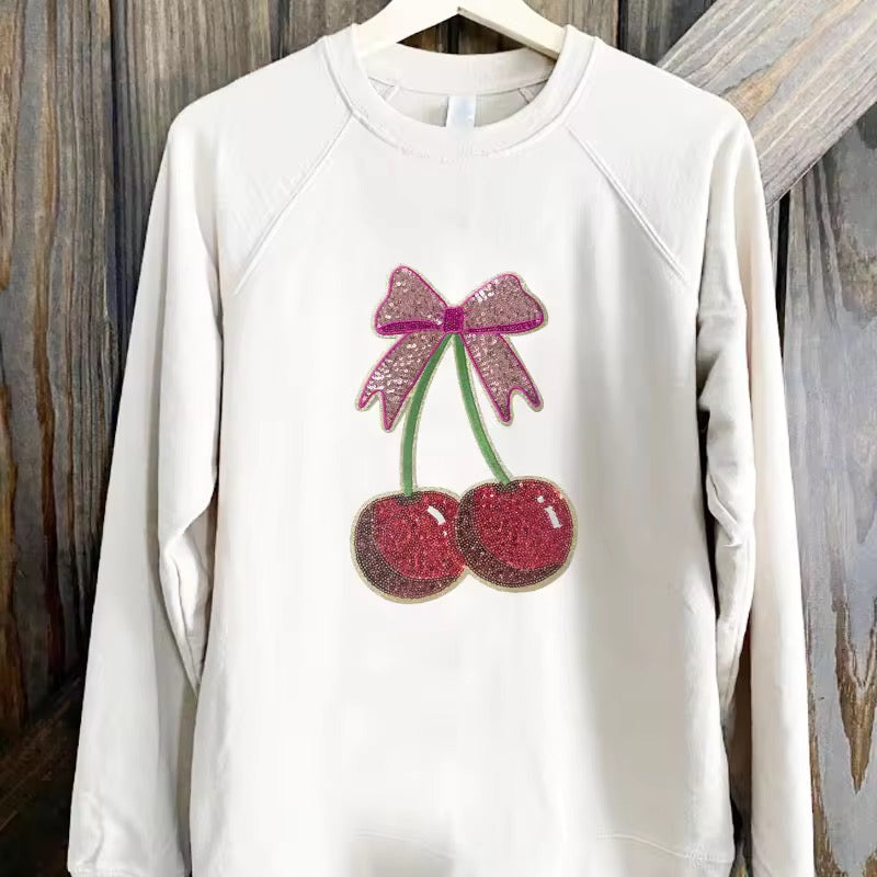 Cherry bow sequins embroidered iron on patch