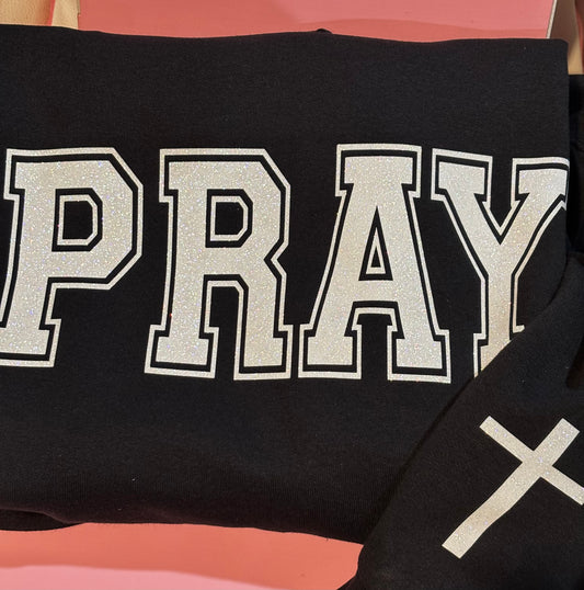 Pray glitter with cross sleeve crewneck sweatshirt