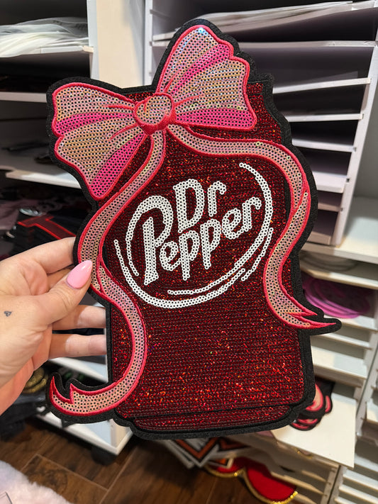 Dr Pepper with bow Sequins embroidered iron on patch