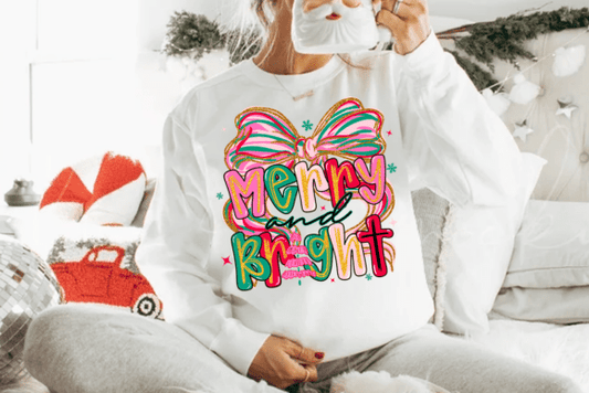 Glitter look merry and bright bow dtf transfer