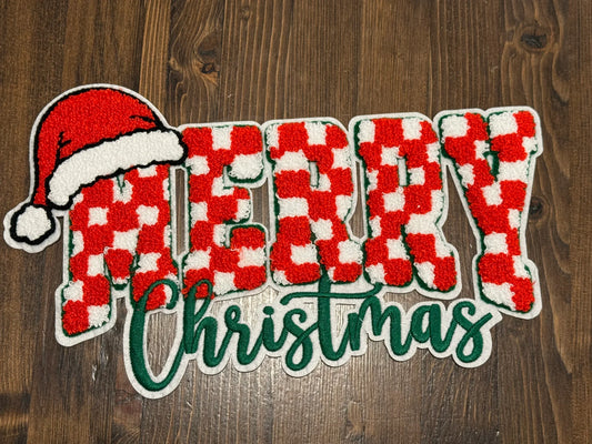 Red and white checkered merry Christmas large iron on patch