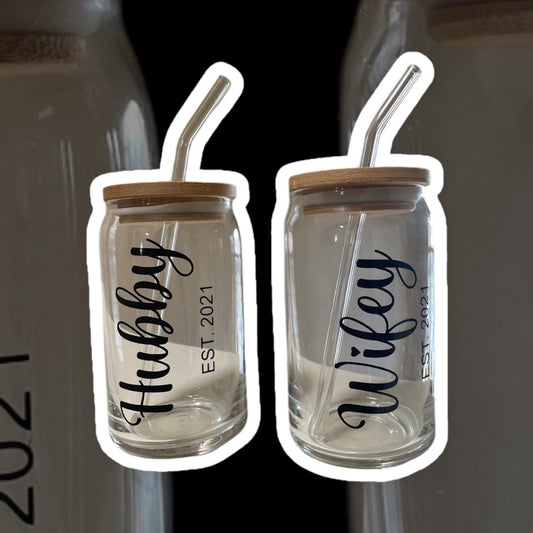 Hubby & Wifey custom year 16oz drinking glass