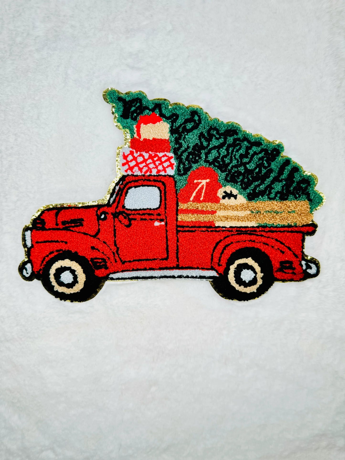 Red Christmas truck with tree large iron on patch
