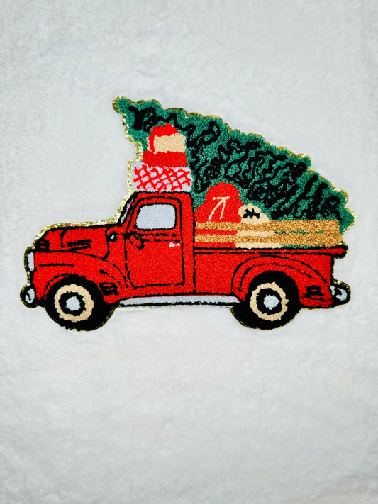 Red Christmas truck with tree large iron on patch