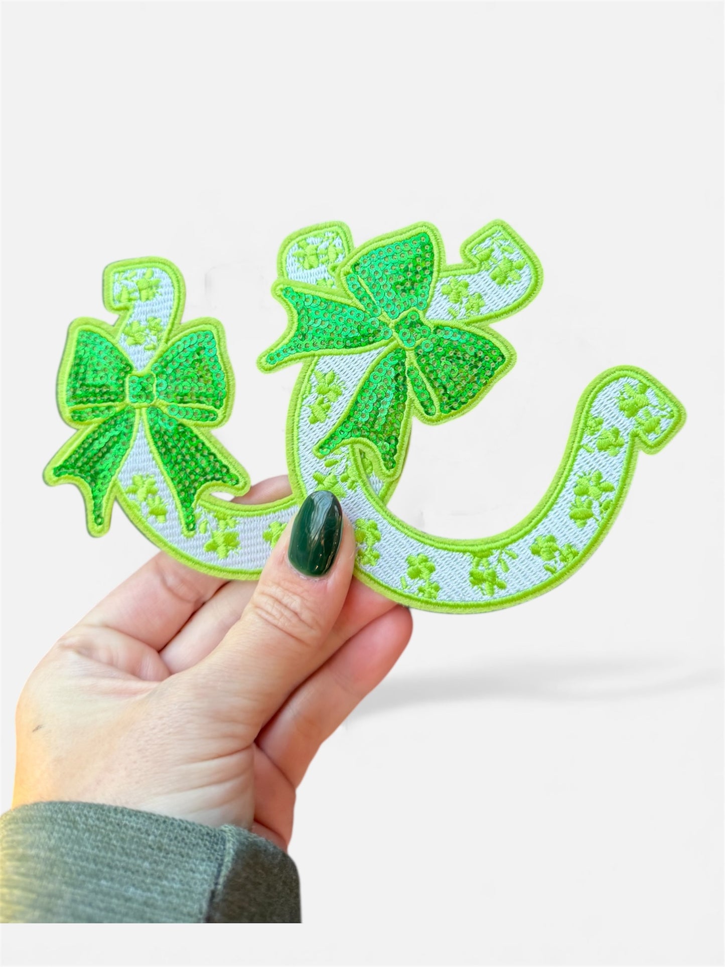 Horseshoe with bow iron on patch green,red, pink and blue