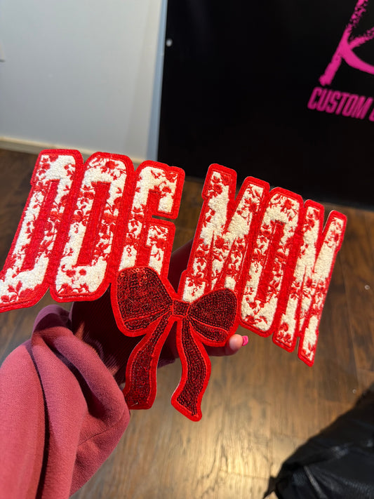 Chenille dog mom red bow iron on patch