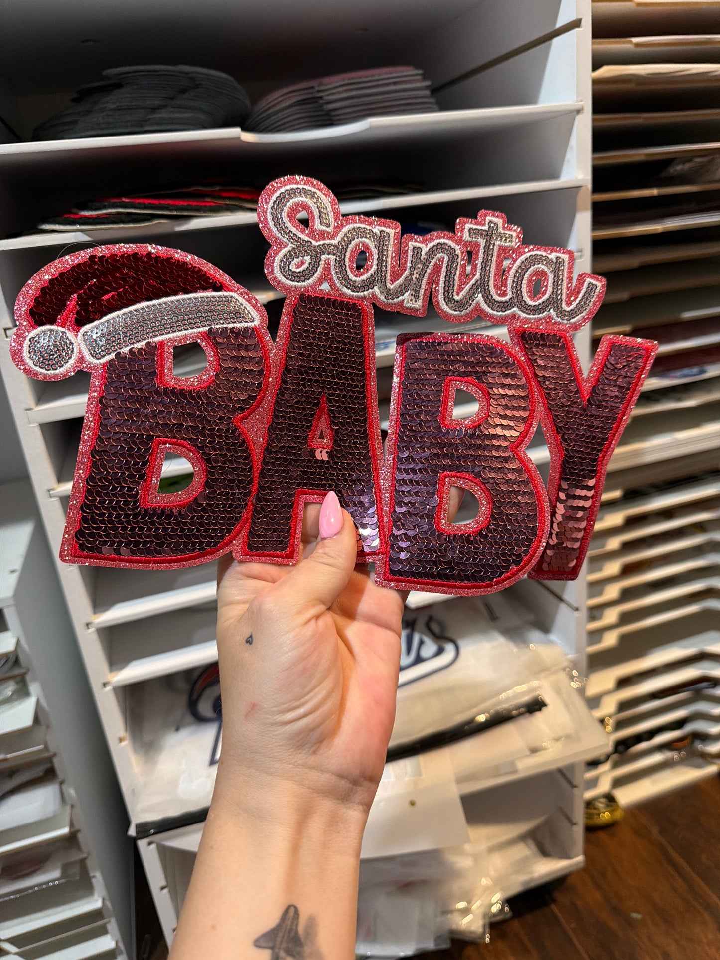 Santa baby with hate pink sequins iron on patch