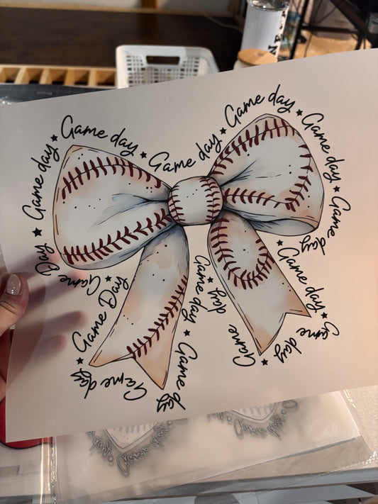 Game day baseball bow DTF transfer