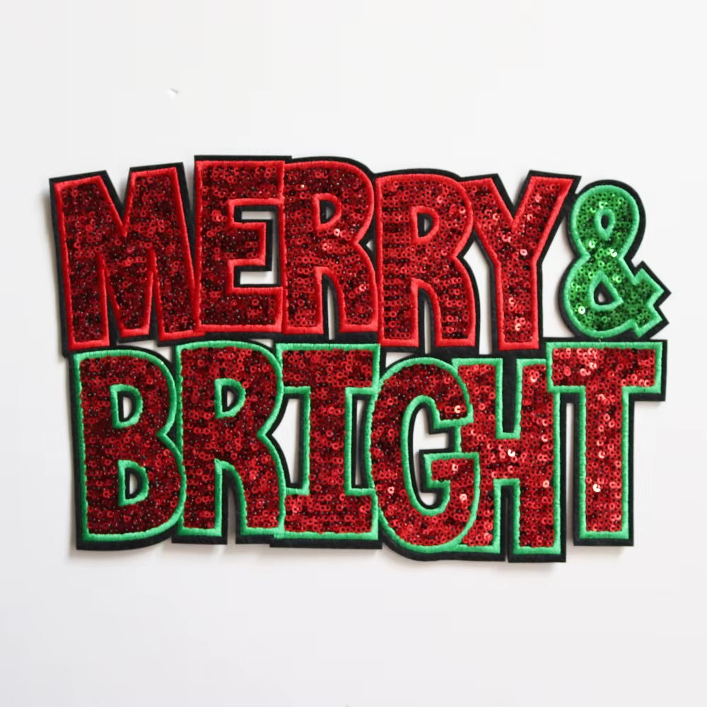 Merry and bright sequins large iron on patch