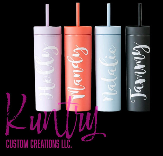 Personalized 16oz Plastic Skinny Tumbler With Lid and Straw Bulk,Insulated Double Wall BPA Free Matte Acrylic Tumblers,Iced Coffee Travel Mug Reusable Party Cup