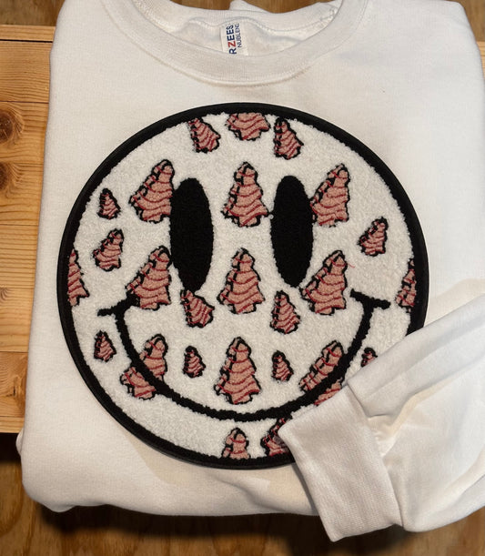 Smiley face Christmas tree cake Chenille crewneck sweatshirt