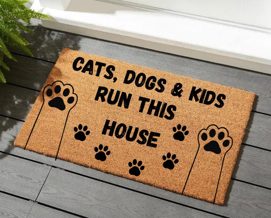 Cats, dogs and kids run the house outdoor or indoor mat