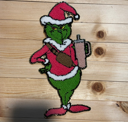 Bougie Grinch Holding Cup Chenille iron on patch