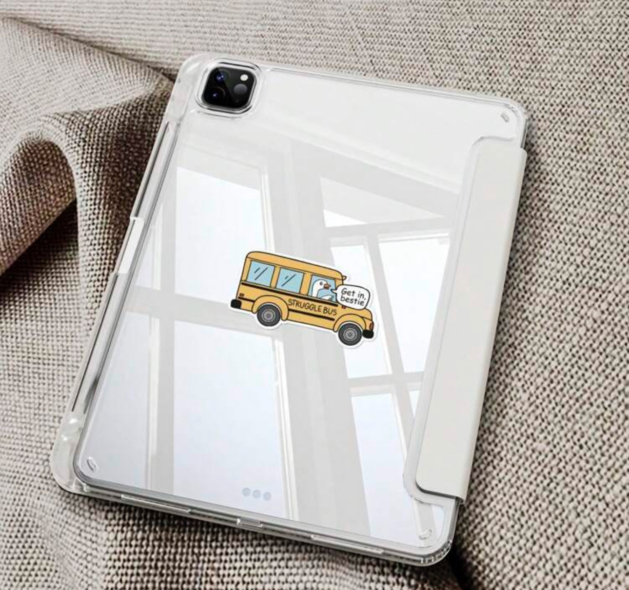 Get in bestie struggle bus waterproof sticker.