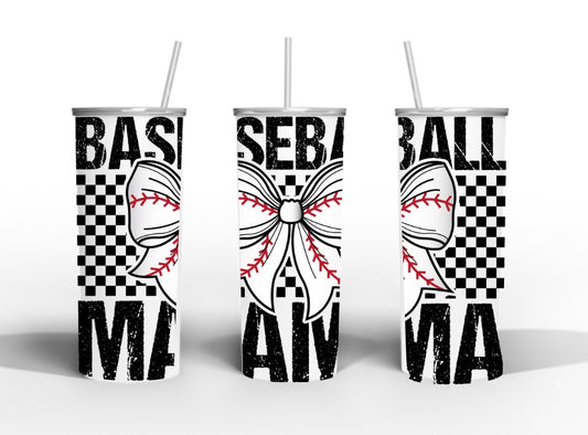 Baseball mama bow 20oz skinny tumbler