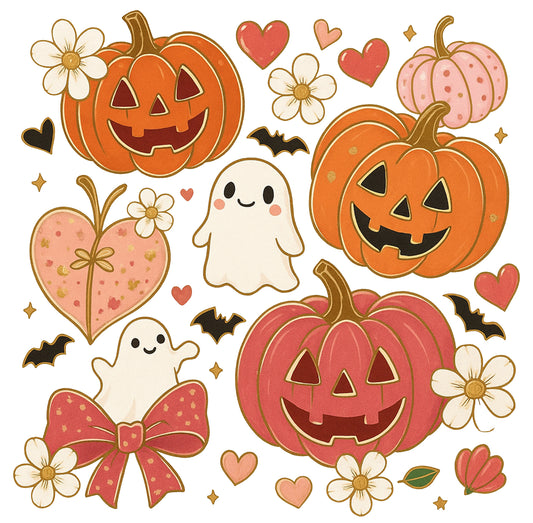 Cute pumpkin, flowers,bats and bows halloween large 10 inch DTF transfer