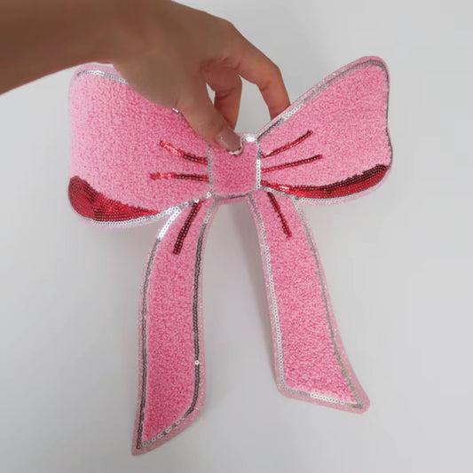 Large pink bow chenille Sequins embroidered iron on patch