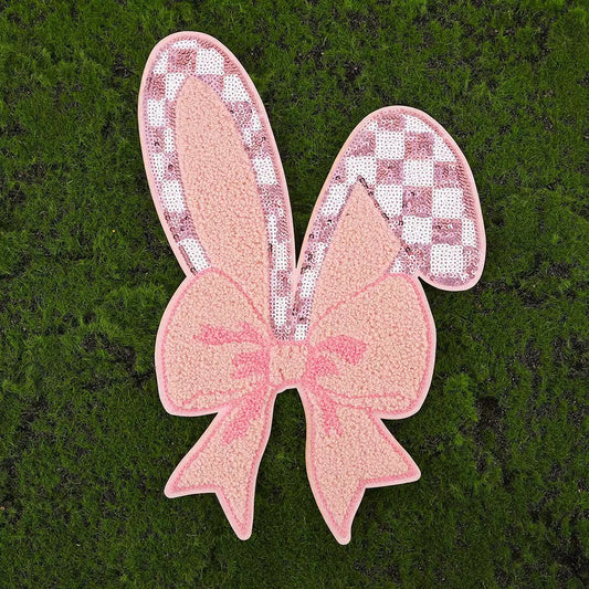 Bunny ears with bow chenille Sequins embroidered iron on patch