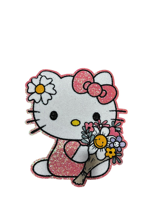 Kitty with flowers Chenille iron on patch