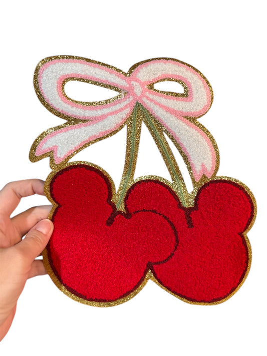Mouse cherry bow chenille iron on patch