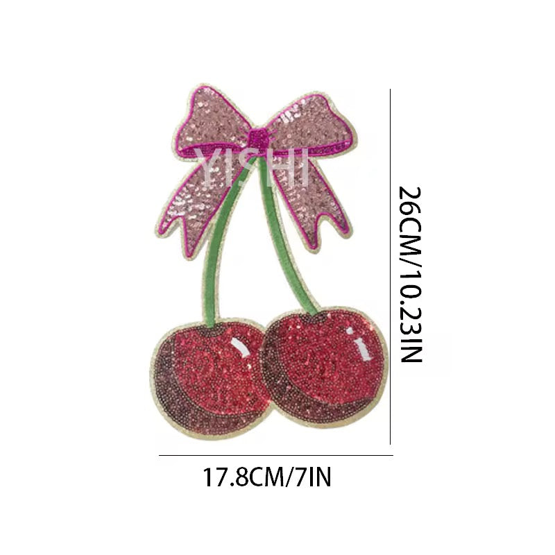 Cherry bow sequins embroidered iron on patch